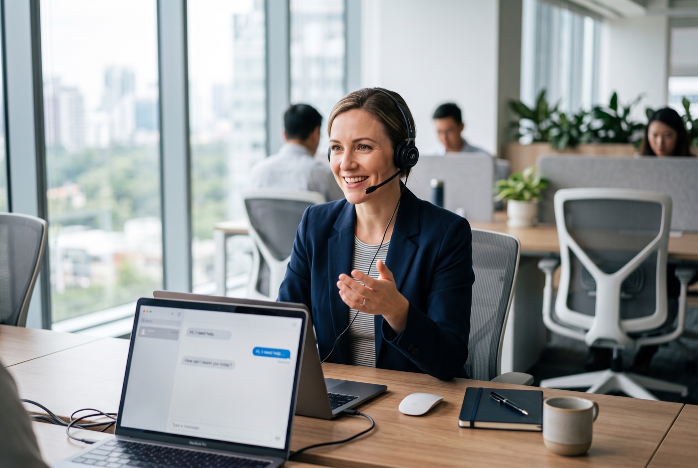 A support professional answering a customer chat at a desk — the inbound direction, where the agent answers people who come to you