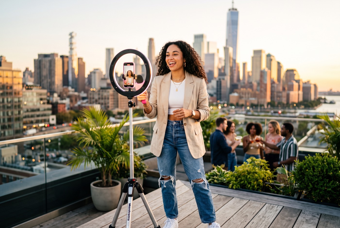 A creator filming content on a city rooftop at golden hour — the outbound direction, where the agent posts to the world