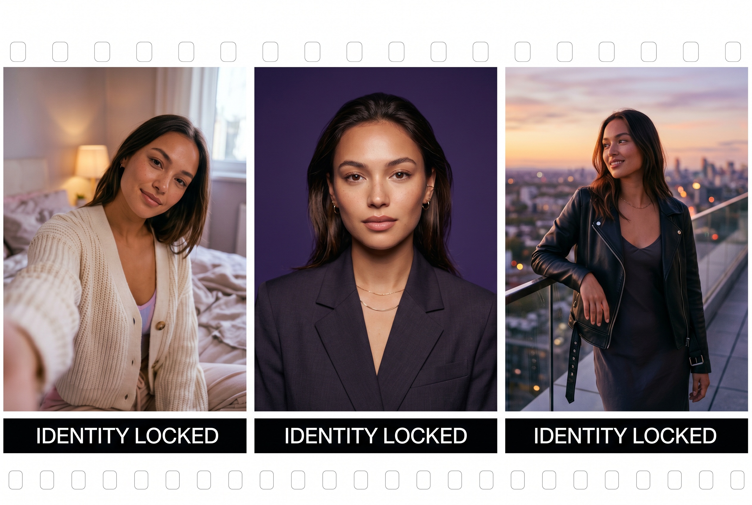 The same AI persona with a locked identity across a bedroom selfie, studio portrait and rooftop shot