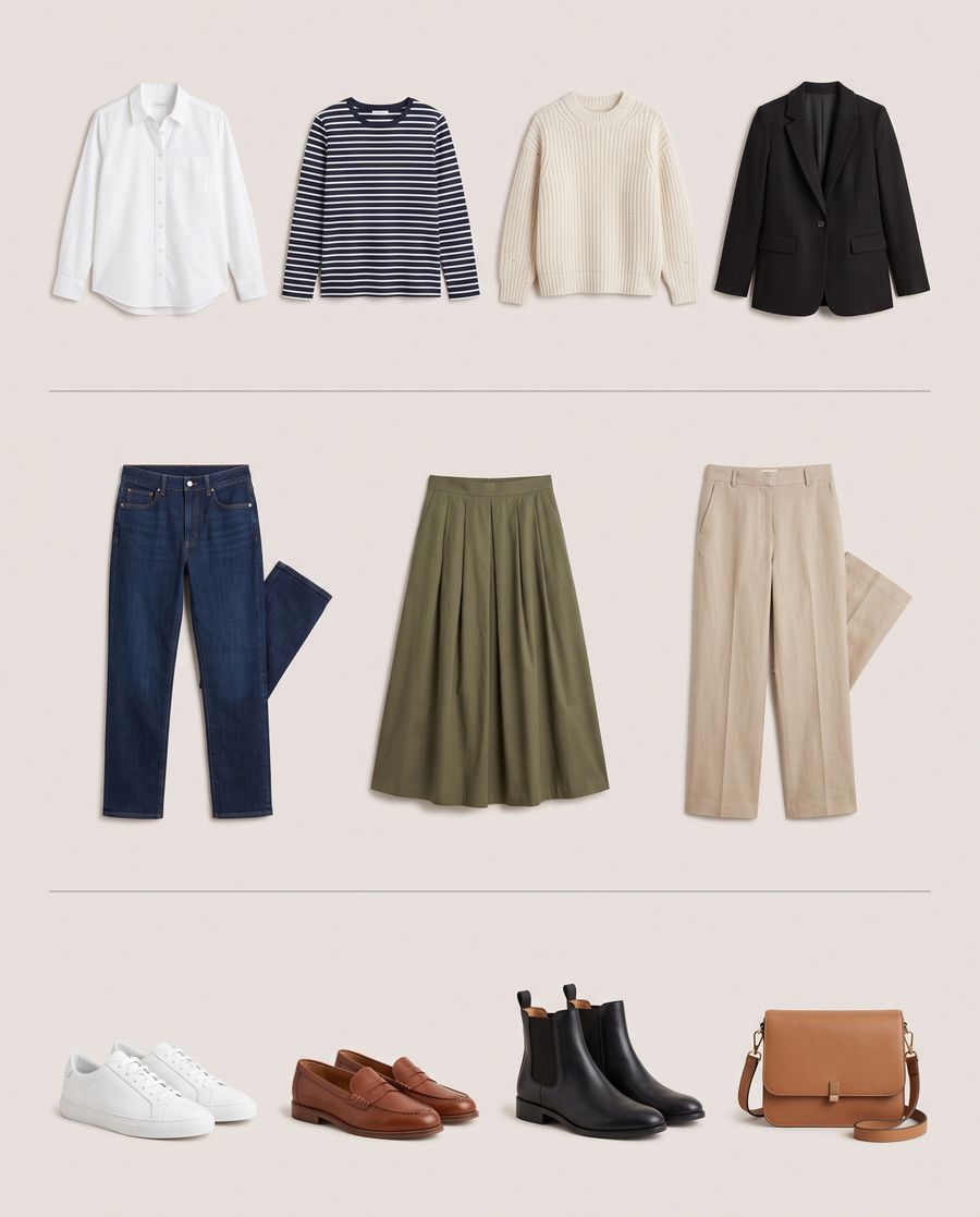 Clothes neatly sorted into shelves of tops, bottoms and shoes
