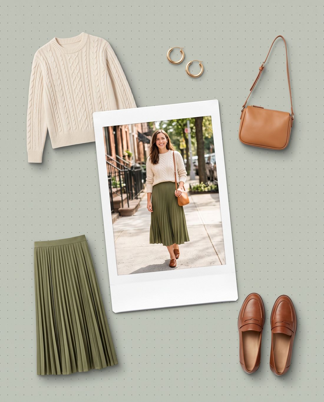 A street photo of a woman in a cream sweater and olive skirt, with each piece of her outfit cut out and laid around it