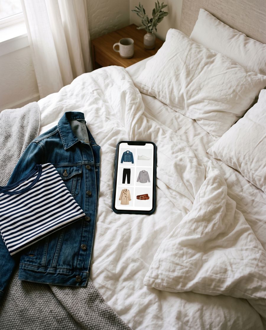A phone on a bed showing clothes from the closet as clean cut-outs, next to the real denim jacket and striped shirt