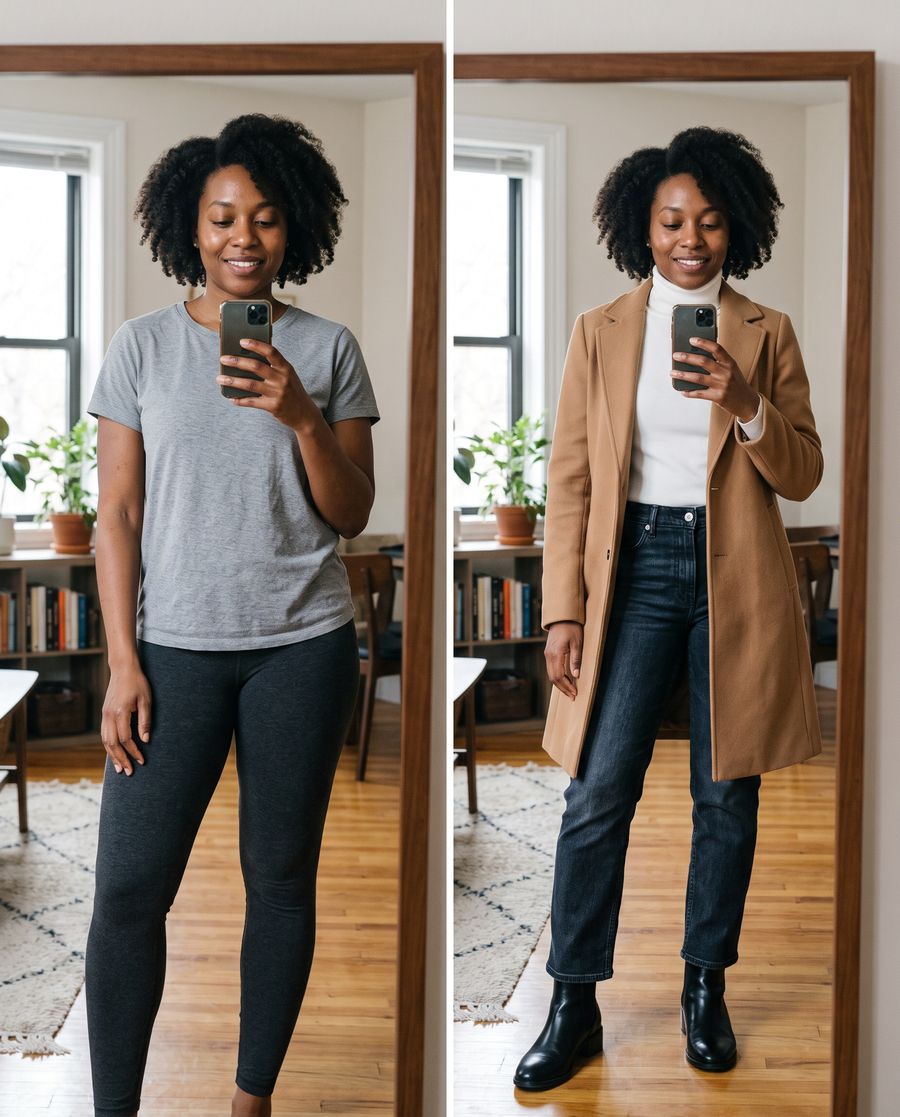 The same woman shown in a grey t-shirt and then in a camel coat outfit
