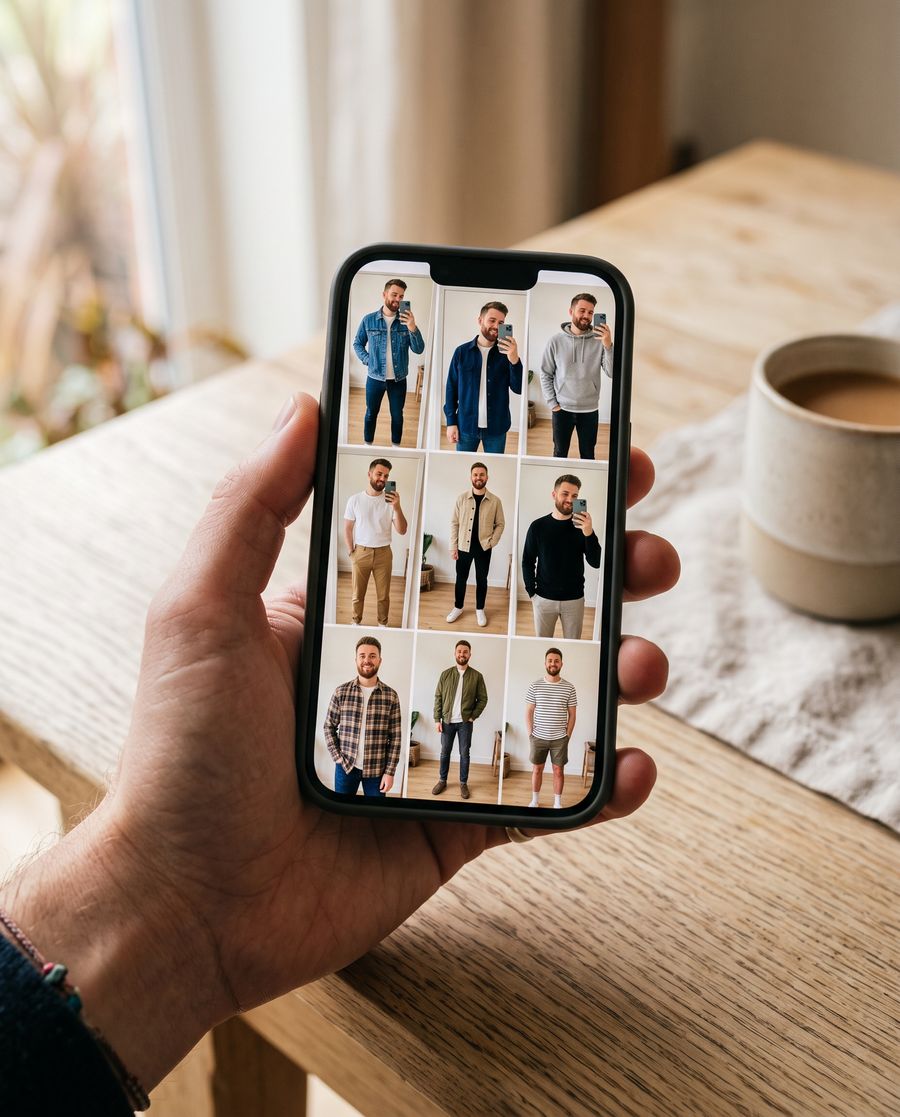 A phone showing a grid of outfit photos