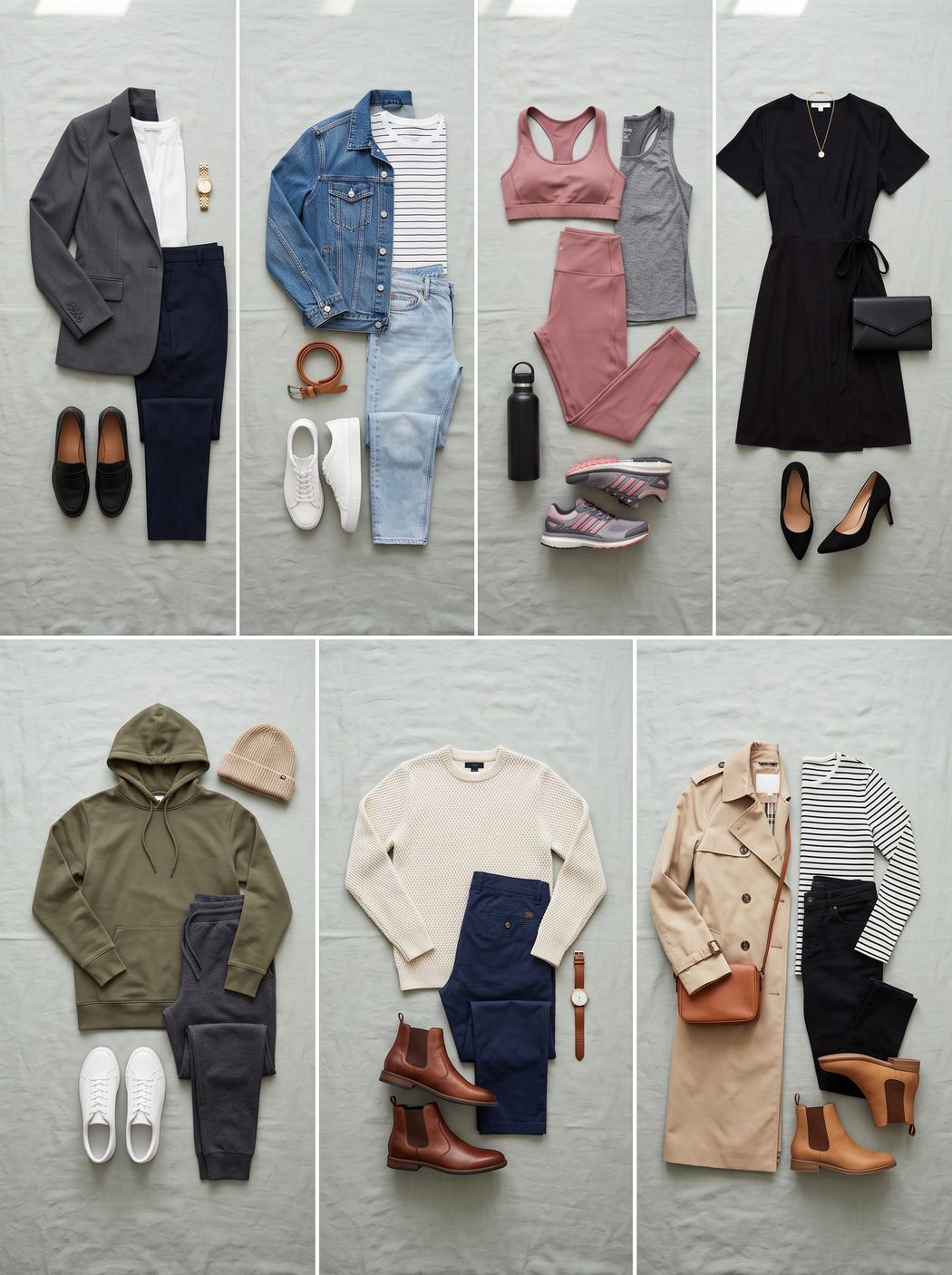 Seven outfits laid out, one for each day of the week