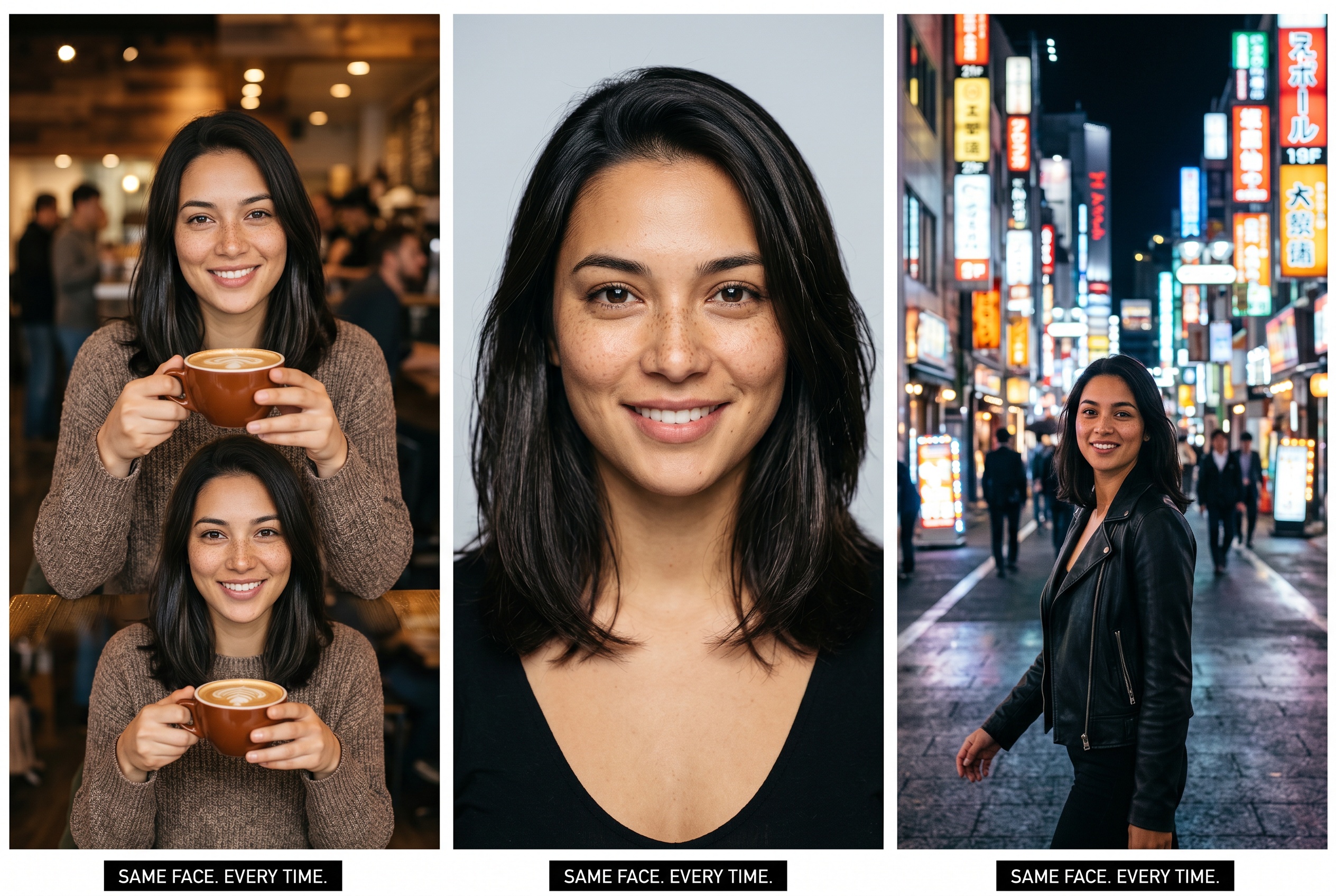 The same AI model with an identical face across a cafe, a studio portrait and a neon city street