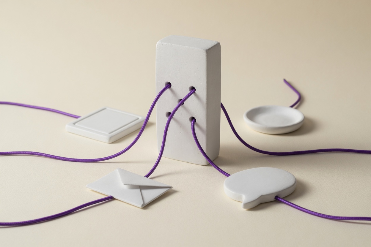 Illustration: a single white monolith with violet cords running out of it to a small white envelope, a speech bubble, a flat screen and a shallow dish.