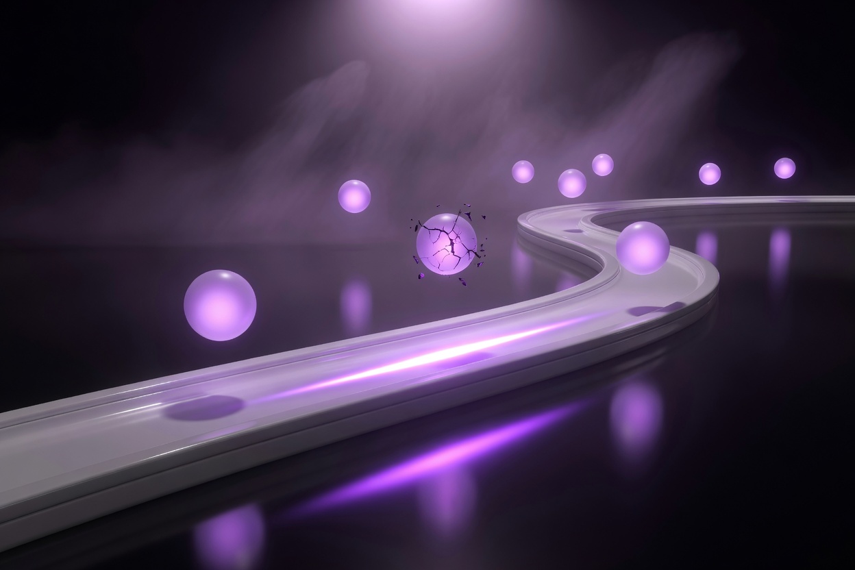 Illustration: a white rail curving through darkness with a violet pulse of light running along it, glowing spheres above and one dimmed, cracked sphere among them.