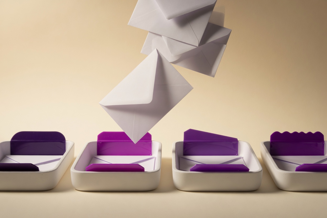 Illustration: white envelopes falling from mid-air into a row of white sorting trays, each tray lined with a different glossy violet tab.