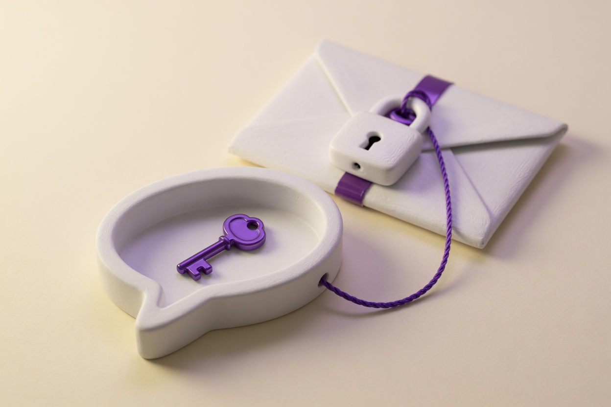 Illustration: a white comment-bubble dish holding a glossy violet key, with a violet cord running to a white envelope closed with a padlock.