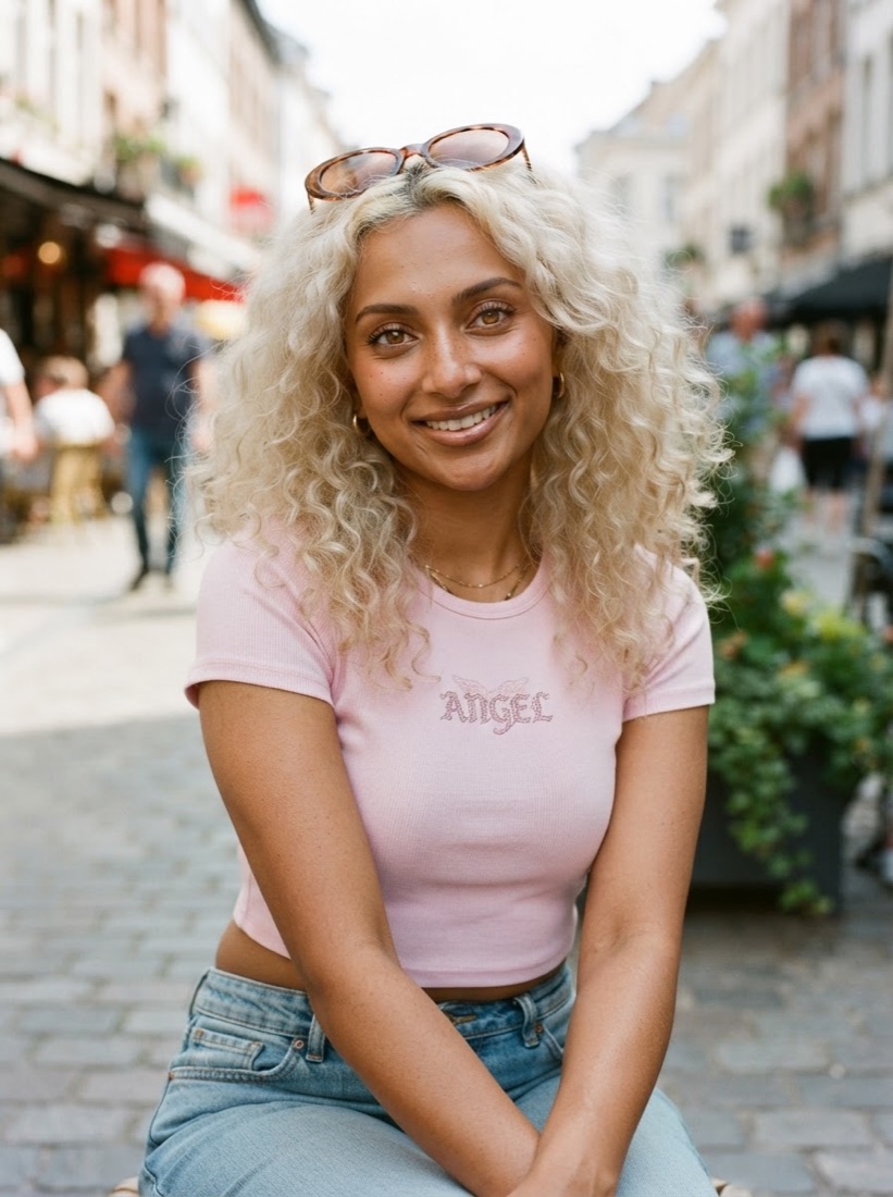 A close-up portrait of the same AI influencer, head and shoulders, on a softly out-of-focus street.