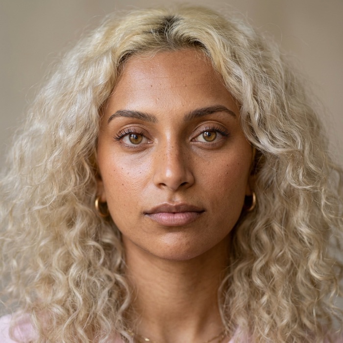 The same AI influencer looking calmly into the lens.