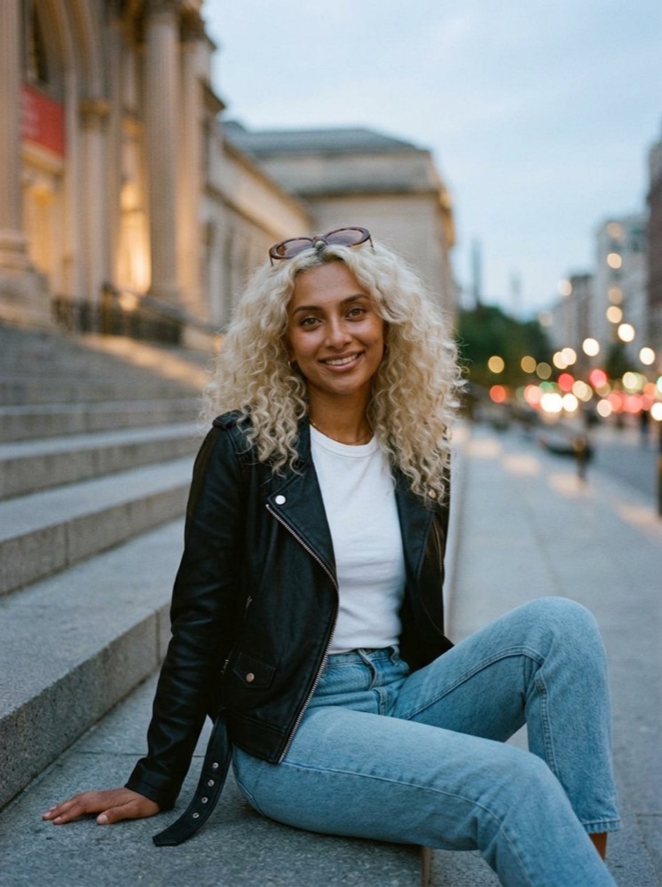The same AI influencer sitting on museum steps at blue hour in a leather jacket.
