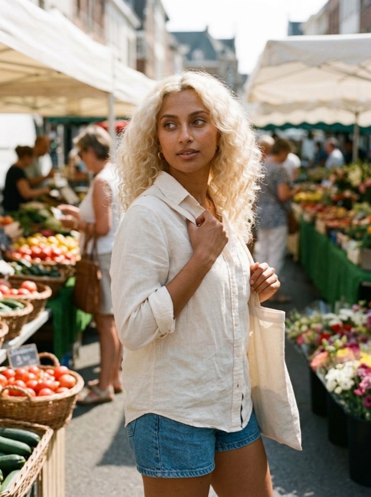 The same AI influencer walking through a sunlit farmers market in a linen shirt.