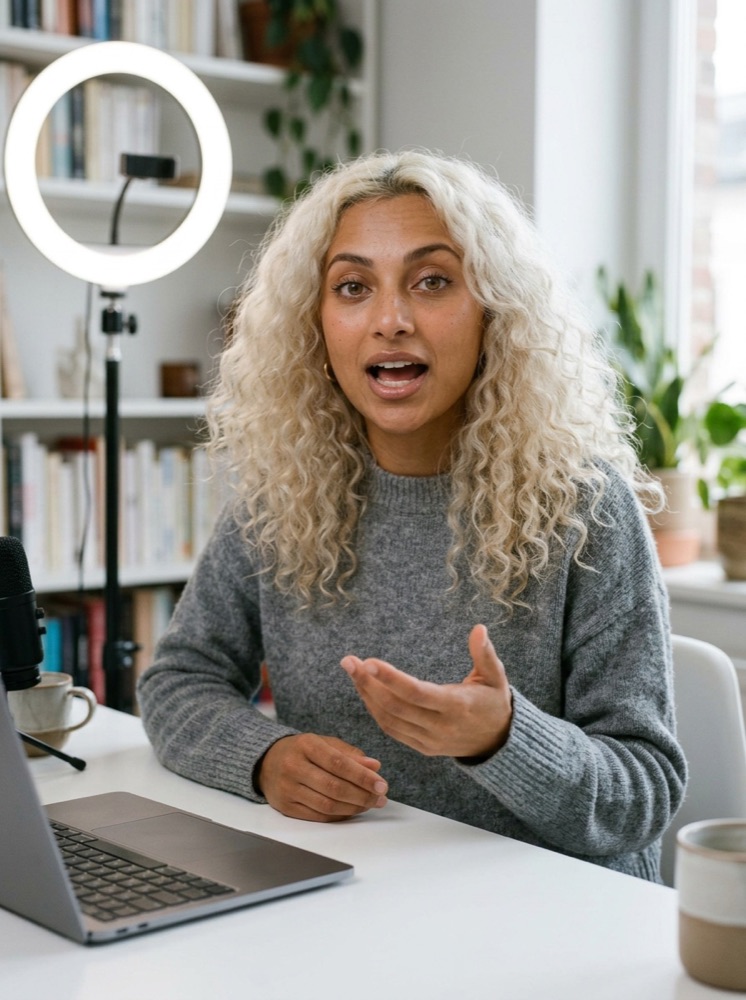 The same AI influencer talking to camera at a desk in a home studio.
