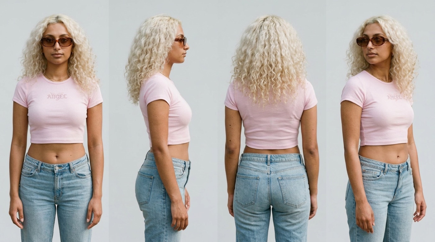 A four-view character sheet of one AI influencer: front, side, back and three-quarter views, identical face, hair, body and clothing in all four, on a plain light-grey backdrop.