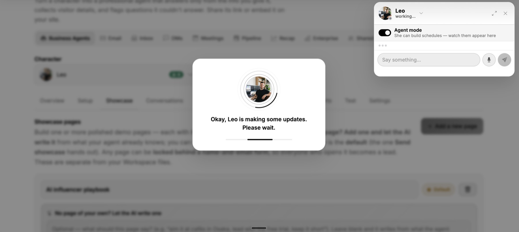 Agent mode switched on in a chat panel with an agent called Leo, and a dialog over the dashboard reading Okay, Leo is making some updates. Please wait.