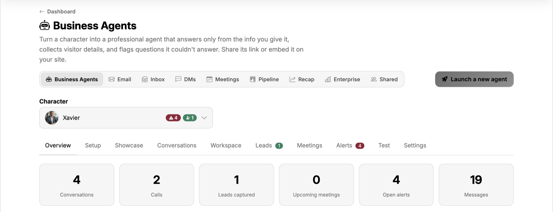 The Business Agents dashboard: a character picker showing an agent called Xavier with an alert count and a lead count, tabs for Overview, Setup, Showcase, Conversations, Workspace, Leads, Meetings, Alerts, Test and Settings, and a row of counters for conversations, calls, leads captured, upcoming meetings, open alerts and messages.