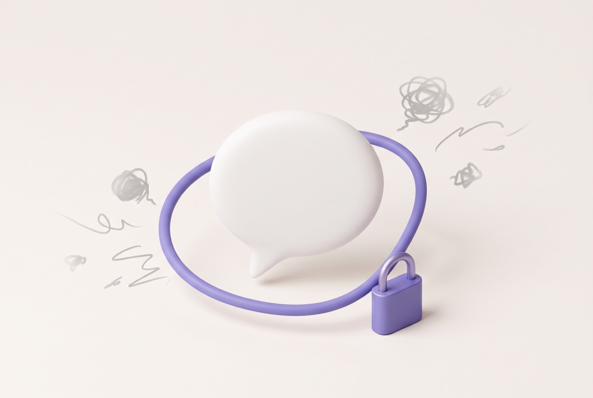 Illustration: a white speech bubble held inside a violet ring with a closed padlock, while grey scribbles drift outside the ring unable to get in.