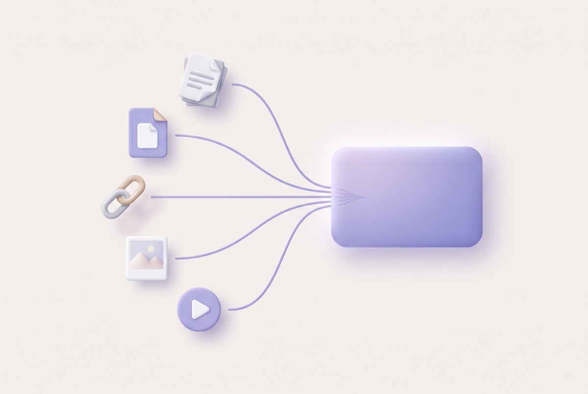Illustration: a stack of documents, a PDF file, a chain link, a photograph and a video play button, each connected by a violet line flowing into one single rounded card.