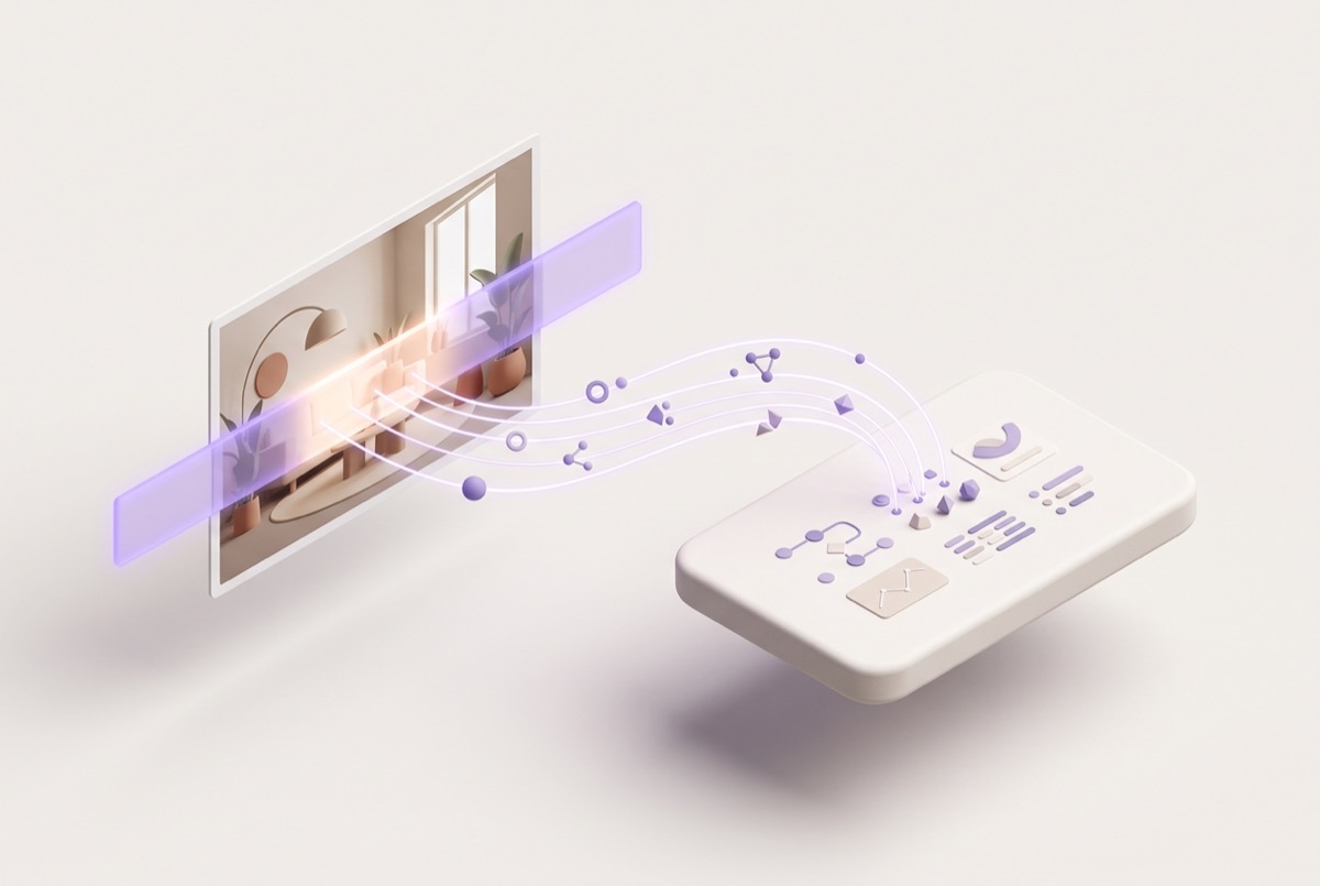 Illustration: a photograph being crossed by a violet scanning beam, with lines carrying small shapes out of the picture into a card beside it.