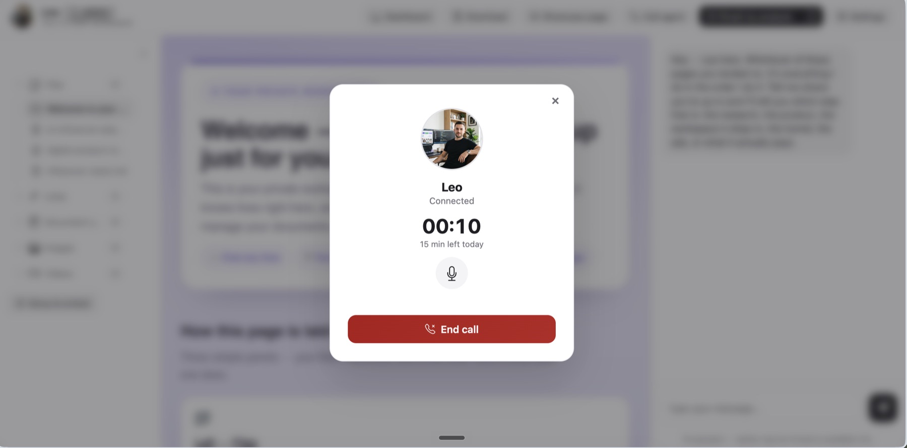 A live voice call in progress with an agent named Leo: a portrait, the word Connected, a running timer, the remaining minutes for the day, a microphone button and a red End call button.