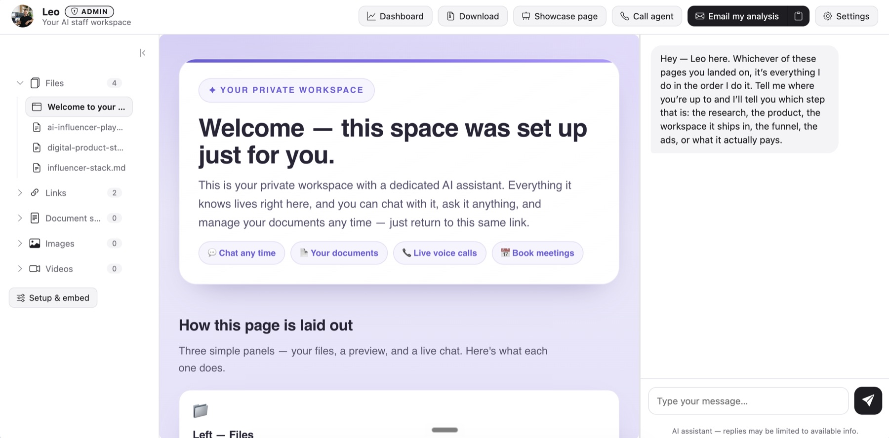 A client workspace: a left sidebar listing files, links, document summaries, images and videos; a welcome document in the middle explaining the three panels; and a live chat with the agent on the right.