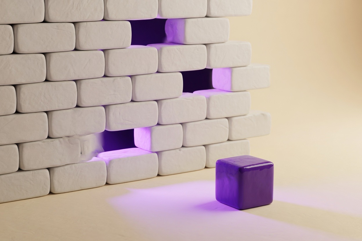 Illustration: a white brick wall with three blocks missing, violet light glowing out through the gaps.