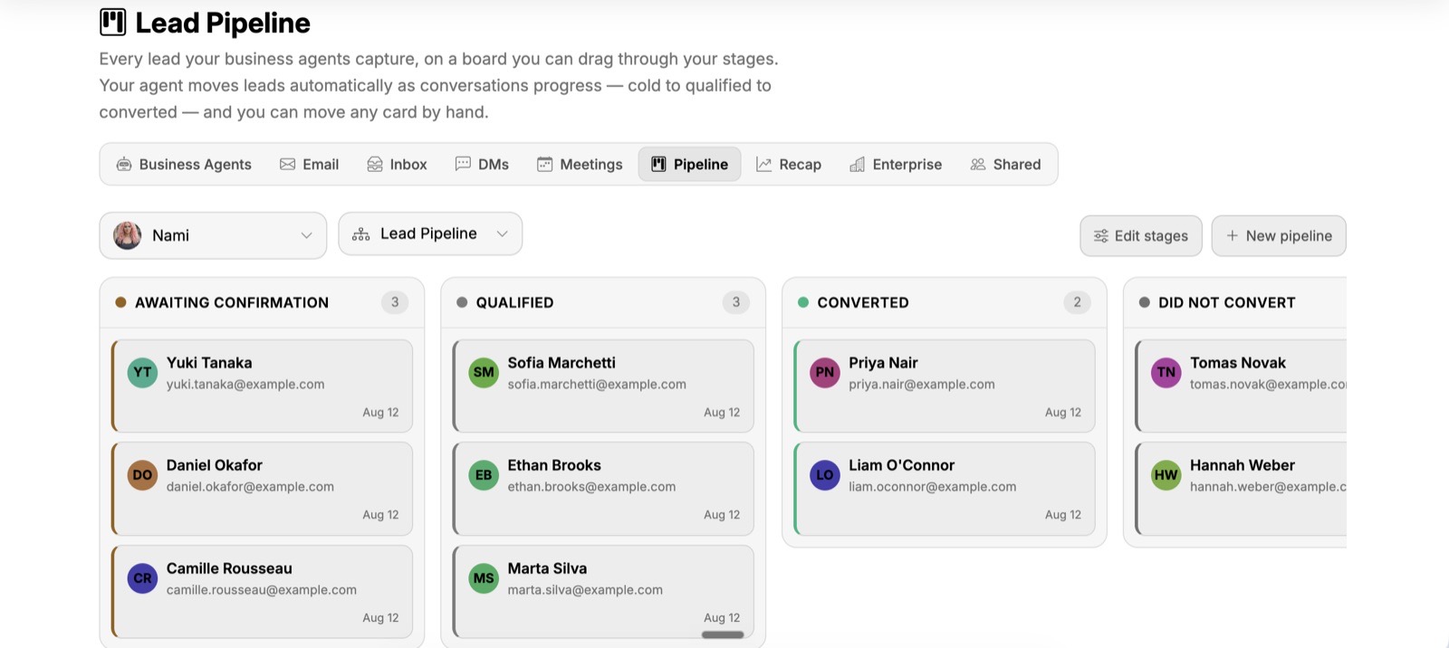 The Lead Pipeline board: lead cards with names and email addresses grouped into Awaiting confirmation, Qualified, Converted and Did not convert columns, with an agent picker and a pipeline picker above them.