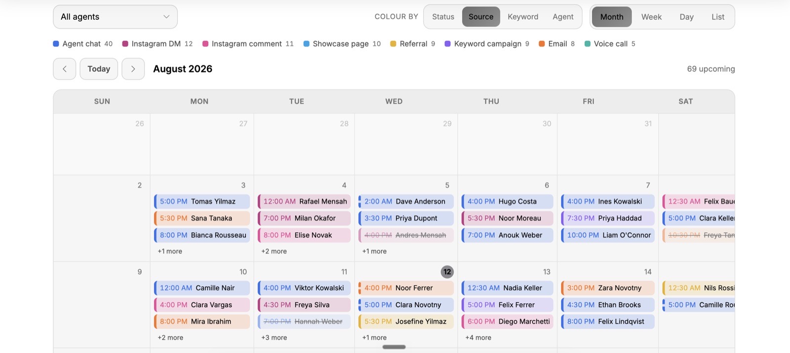 The Agent Meetings calendar in month view: booked meetings as coloured chips across the weeks, a colour-by switch set to Source, and a legend counting agent chat, Instagram DMs, comments, showcase page, referral, keyword campaign, email and voice call bookings.