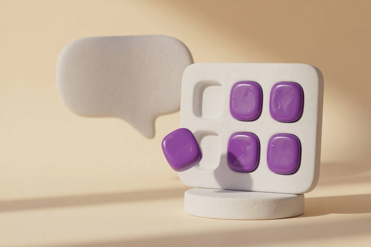 Illustration: a soft white speech bubble beside an upright card whose empty slots are being filled one by one with glossy violet tiles.