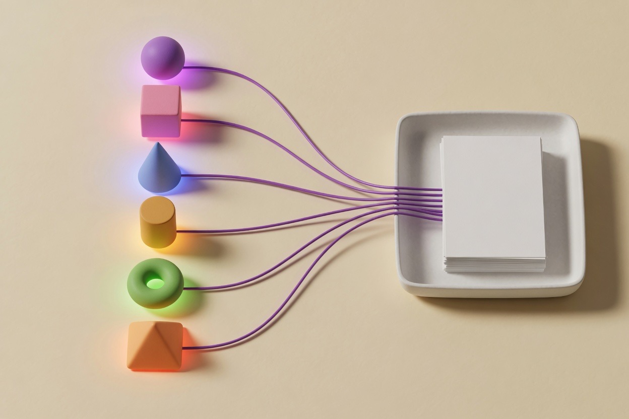 Illustration: six small coloured shapes on the left, each glowing a different colour, with violet cords running from them and converging into one white tray holding a single stack of cards.
