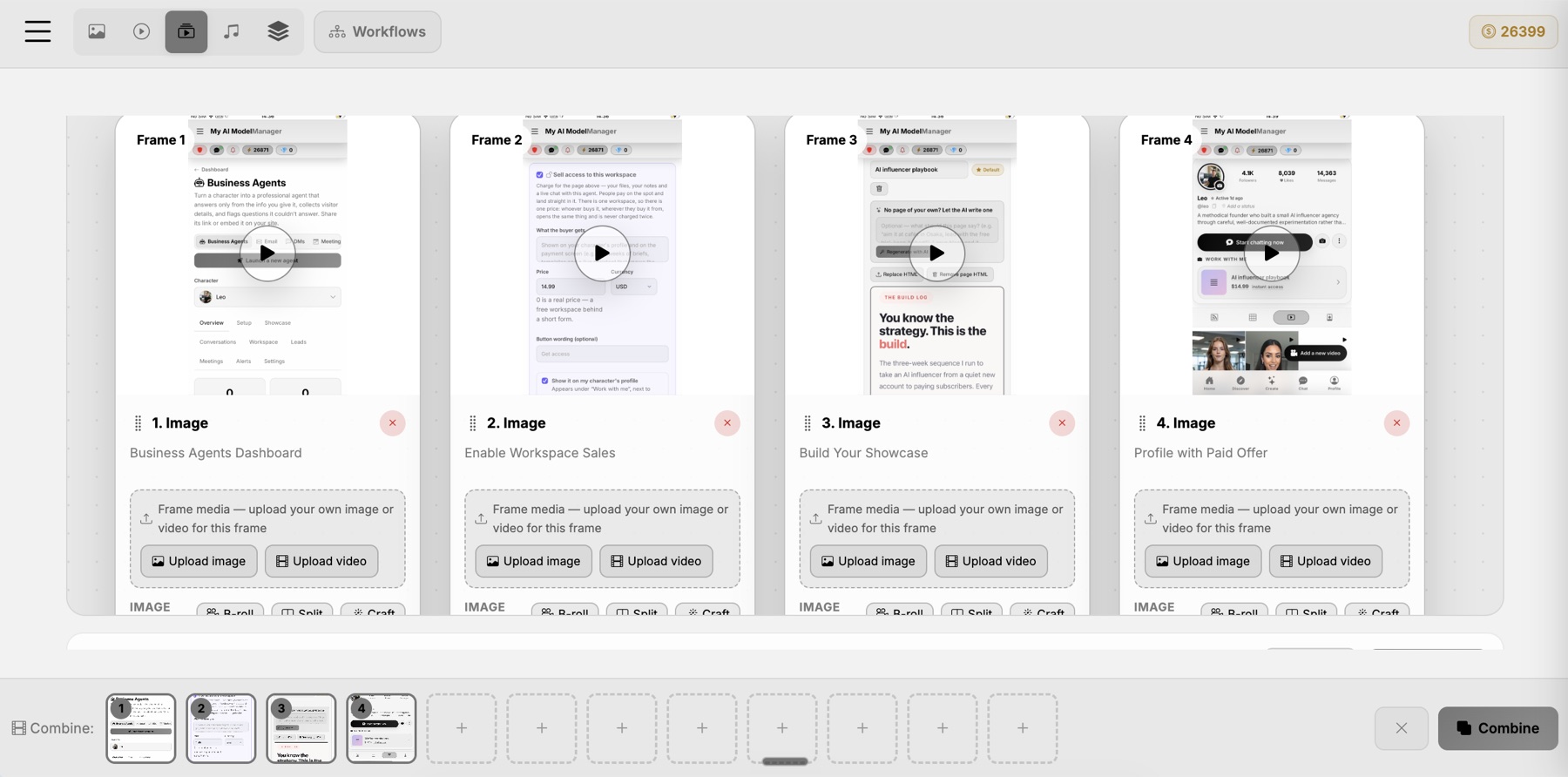 The video editor: four frames in a row, each with its own still, its own line of script and its own B-roll, Split and Craft controls, with the combine strip along the bottom.