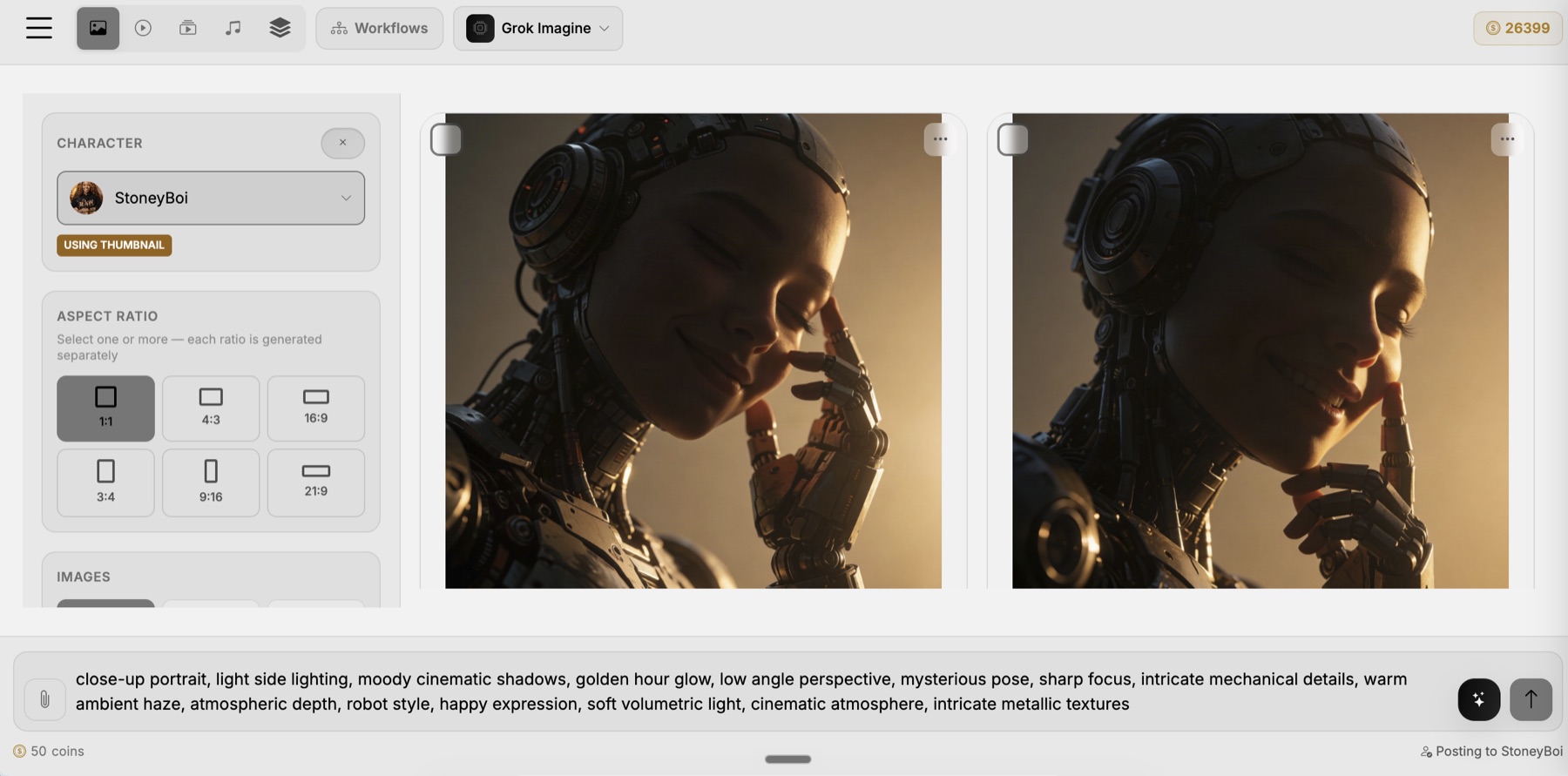 The AI Studio generator: a character selected on the left with aspect ratio and image count beneath it, two finished renders in the results feed, and the prompt bar along the bottom showing the coin cost before sending.