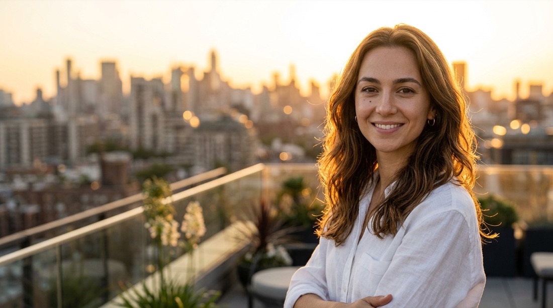 A wide 16:9 render: the influencer on a rooftop at golden hour with the skyline running across the frame.