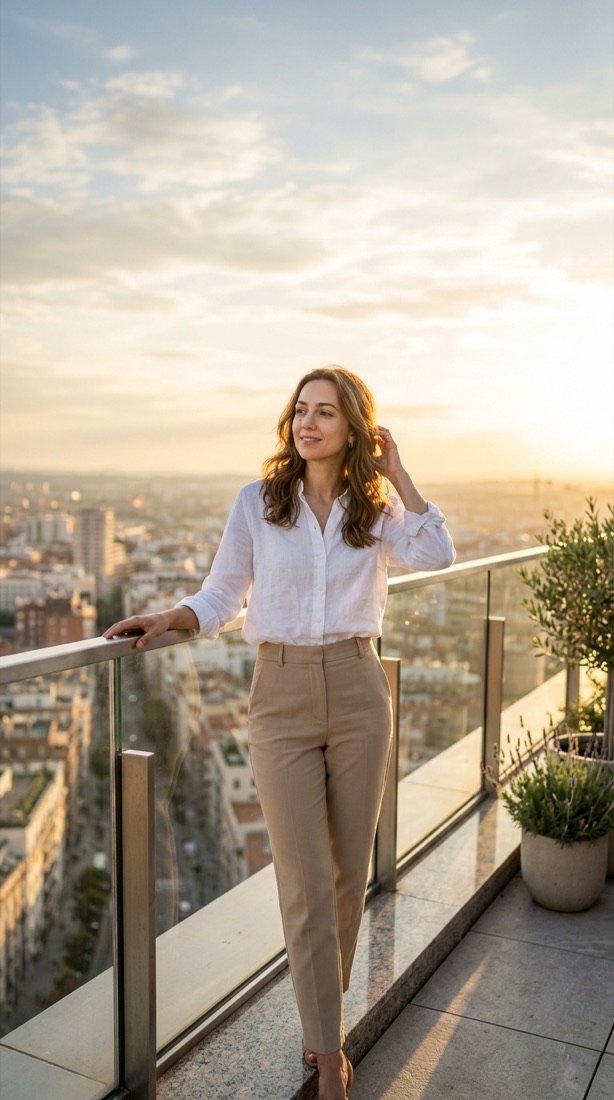 The same rooftop scene as a 9:16 vertical, full body with sky above her.