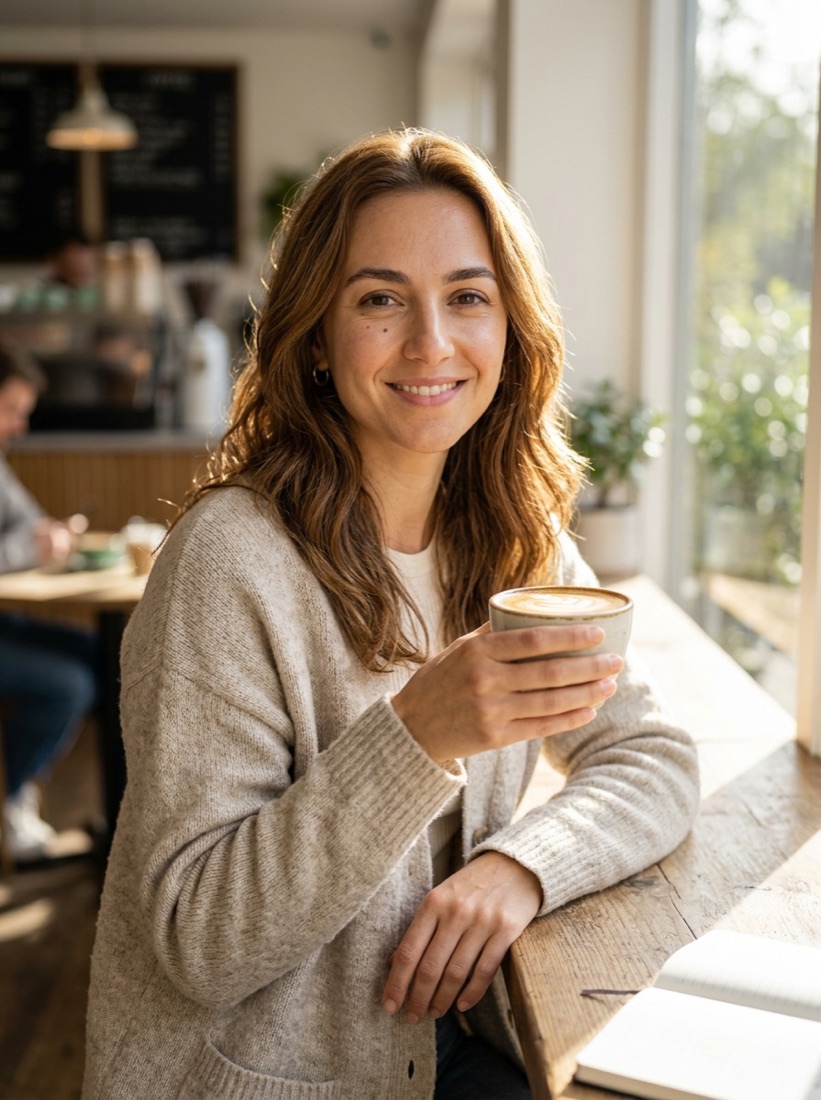 An AI influencer photographed in a bright coffee shop in the morning.