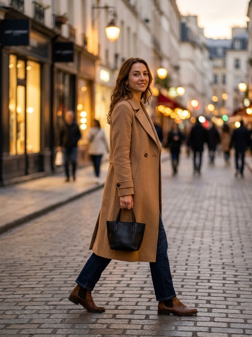The same AI influencer, same face, on a city street at dusk in a camel coat.