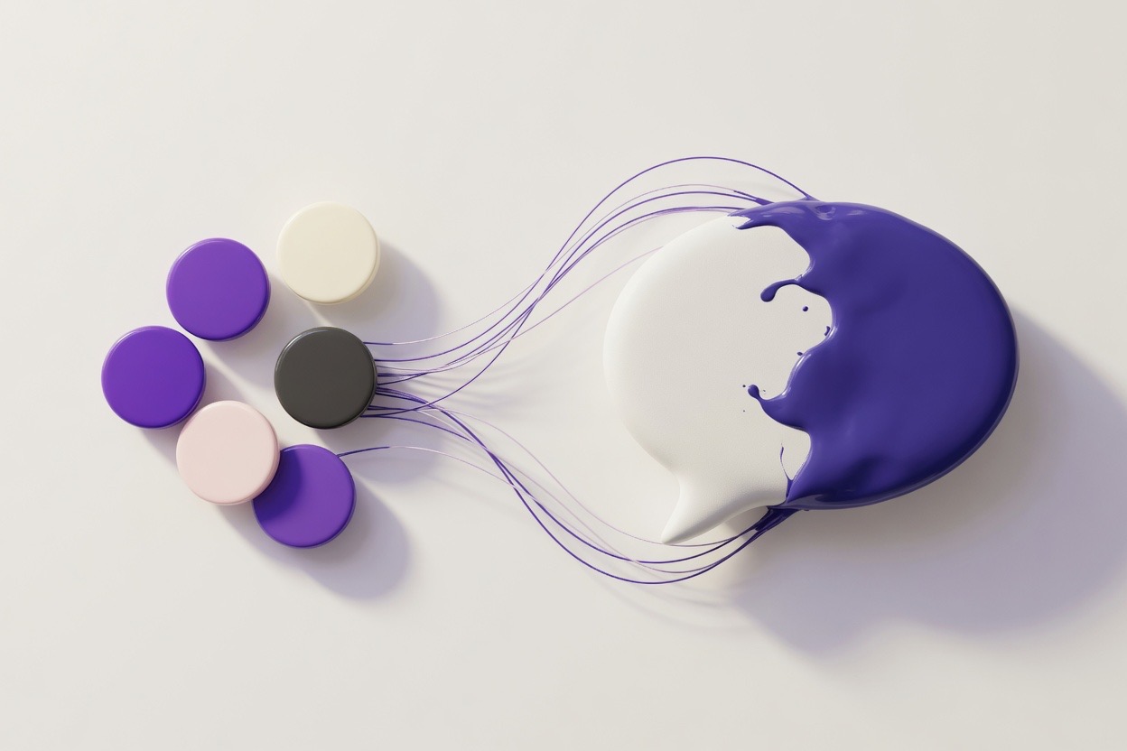 Illustration: a palette of colour discs with threads flowing into a large white chat bubble, half of which has already been coated violet.