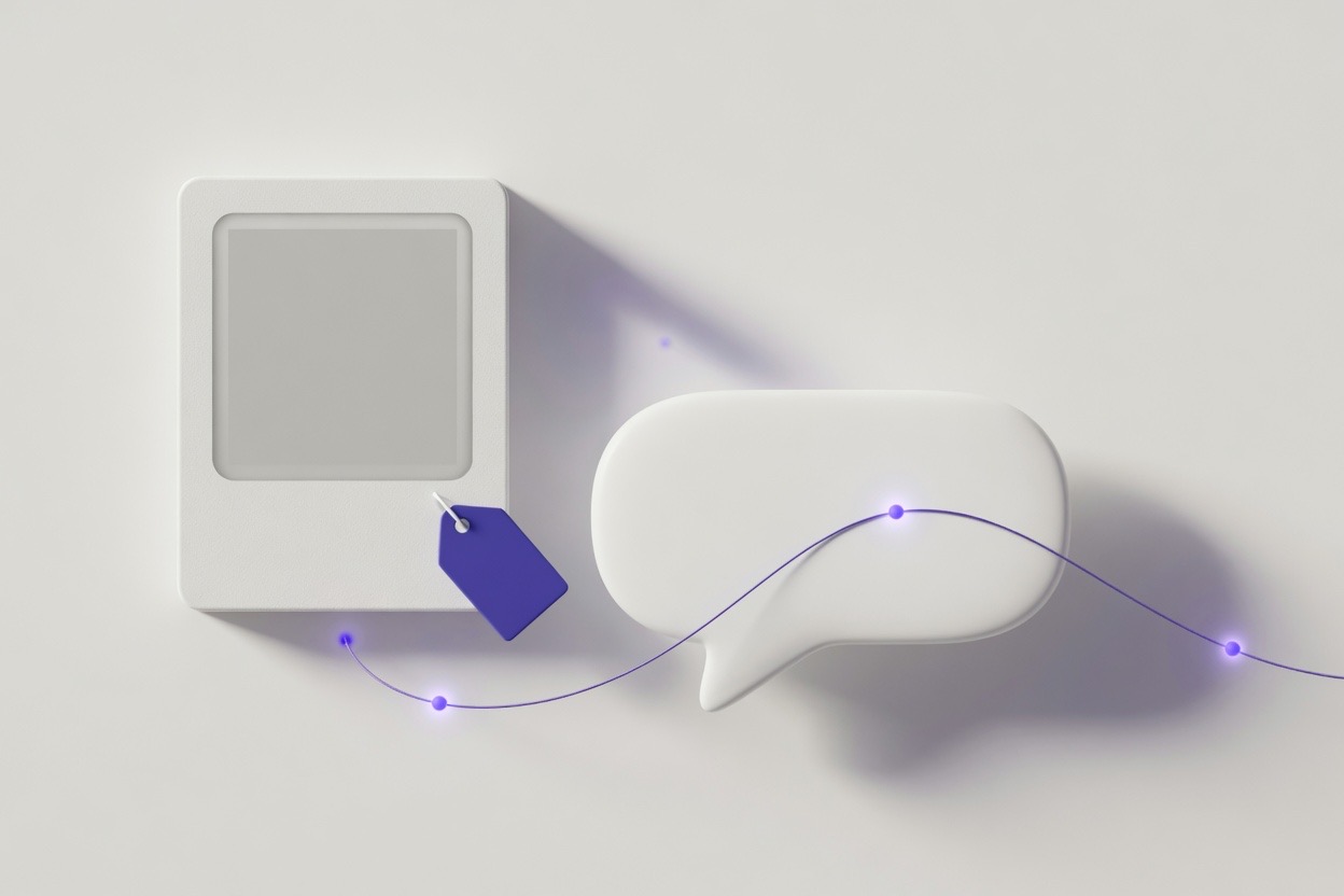 Illustration: a white product card with a violet price tag on the left, joined by a glowing violet thread to a large white chat bubble on the right.