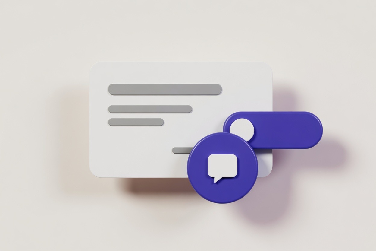 Illustration: a white website card with a violet round chat button in front of its lower corner, and a wider violet pill button with a portrait disc behind it.