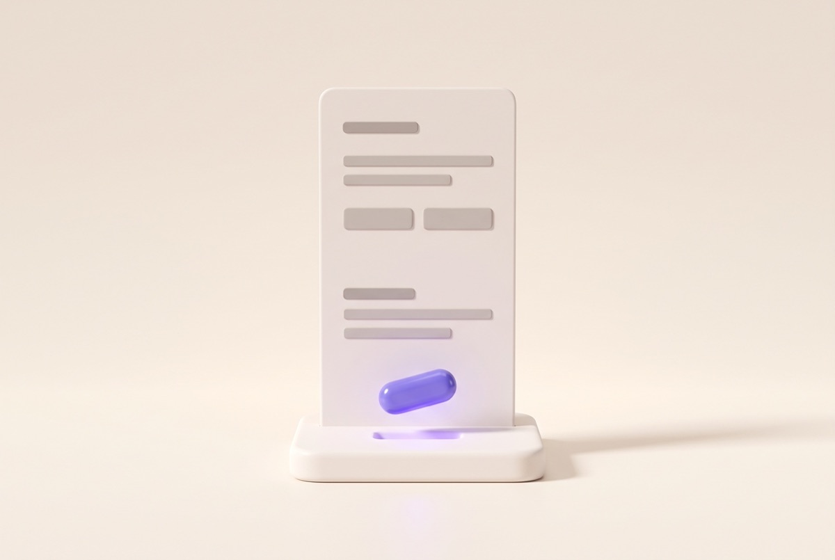 Illustration: a plain white website page standing in a slot, with a single glossy violet capsule dropping into place at its base.