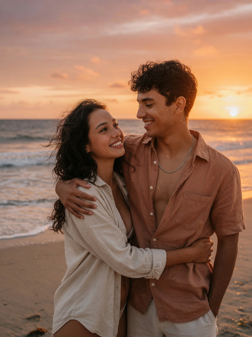 A couple together on a sunset beach