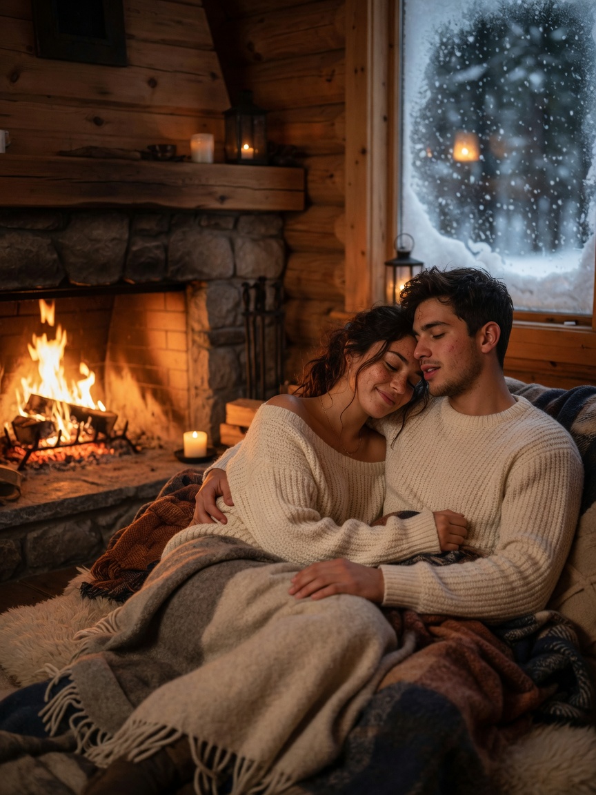 A couple by a cozy cabin fireplace