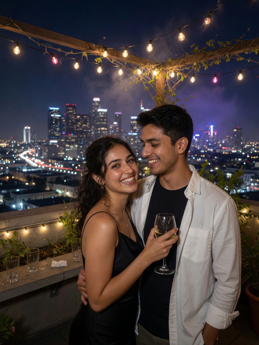 A couple on a city rooftop at night
