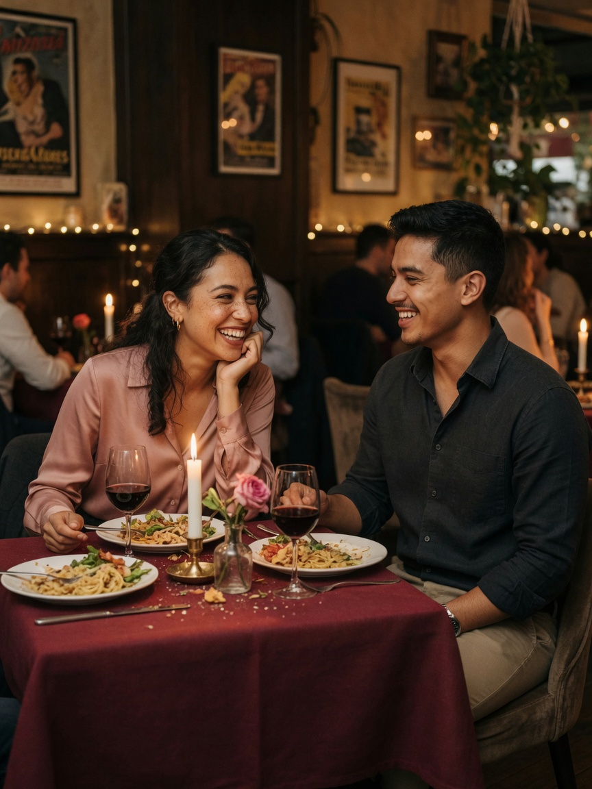 A couple on a candlelit dinner date