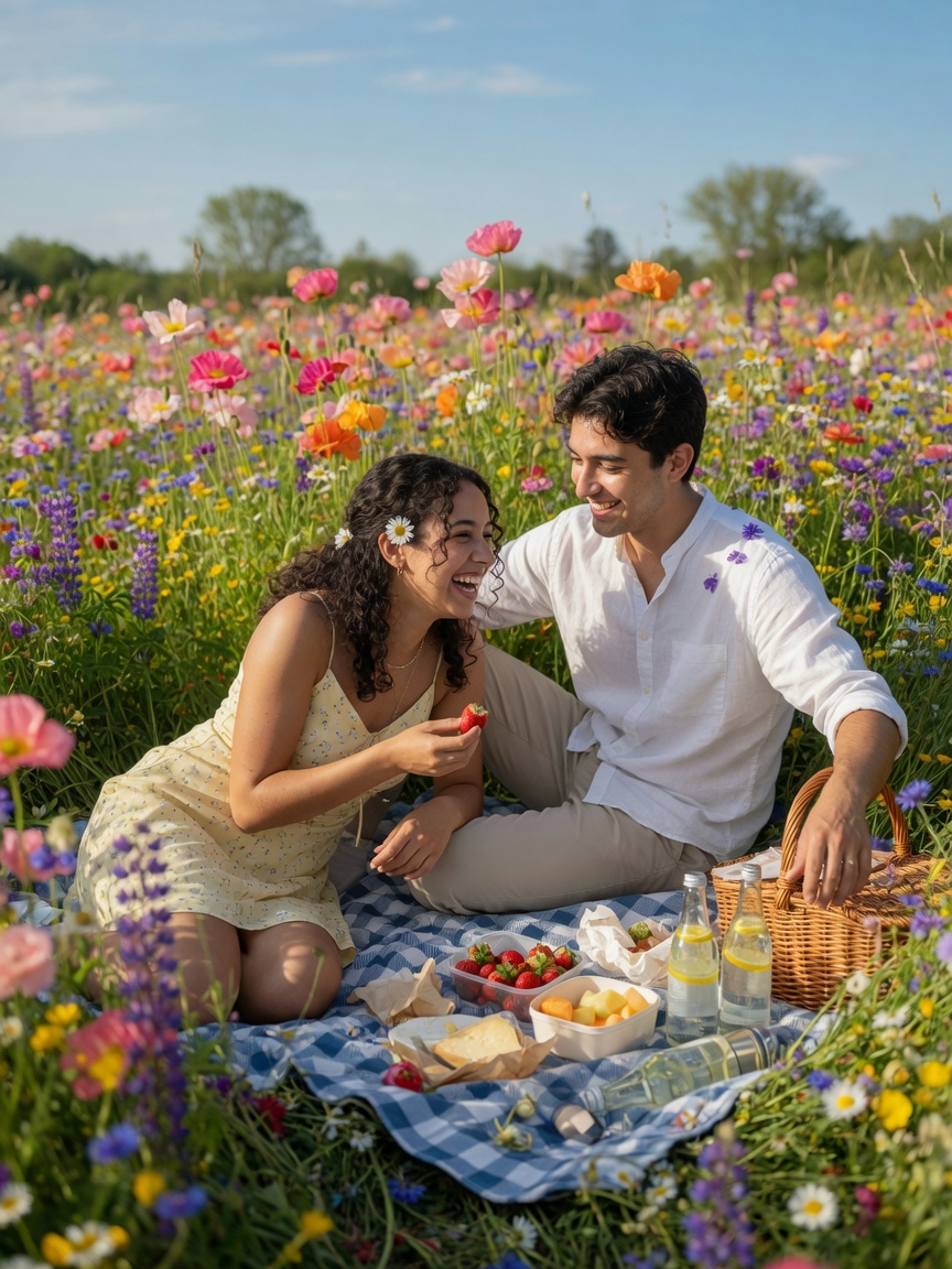 A couple at a picnic in a flower field