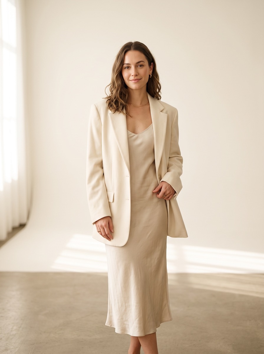 A model wearing an oversized cream blazer over a silk slip dress
