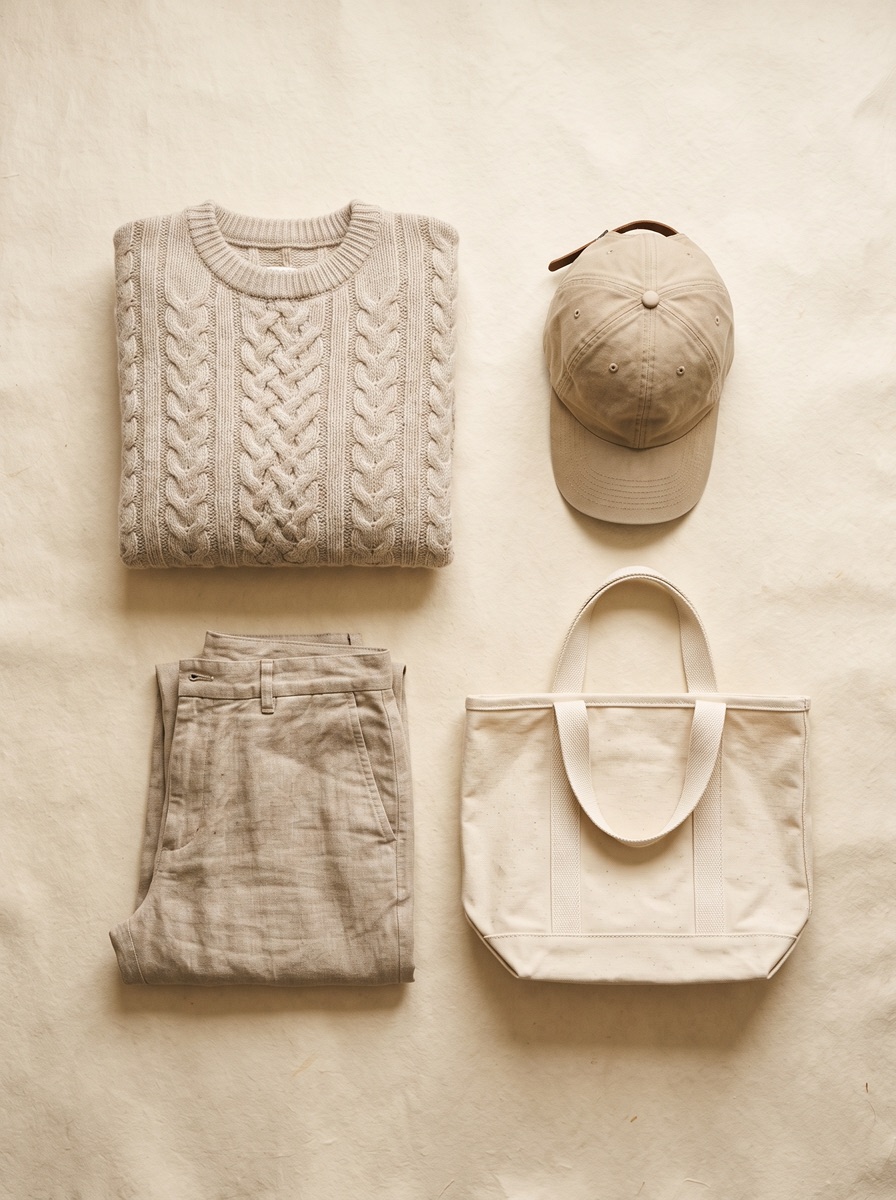 A folded sweatshirt, trousers, cap and tote photographed flat on a cream backdrop — a typical catalog product shot