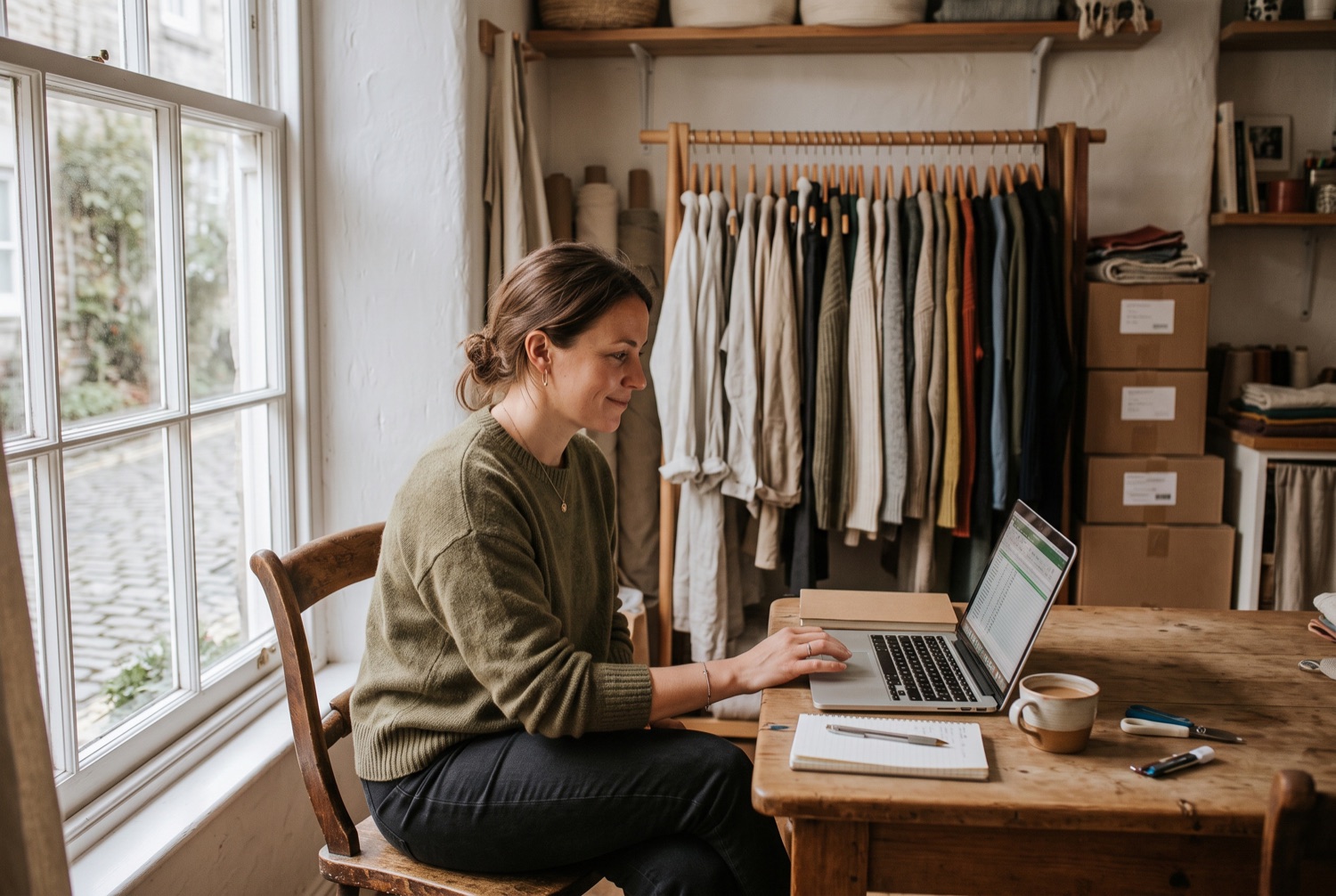 A shop owner working at a laptop beside a rail of clothing in a small studio